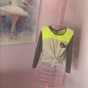 PINK Victoria Secret Green and Gray Baseball Tee